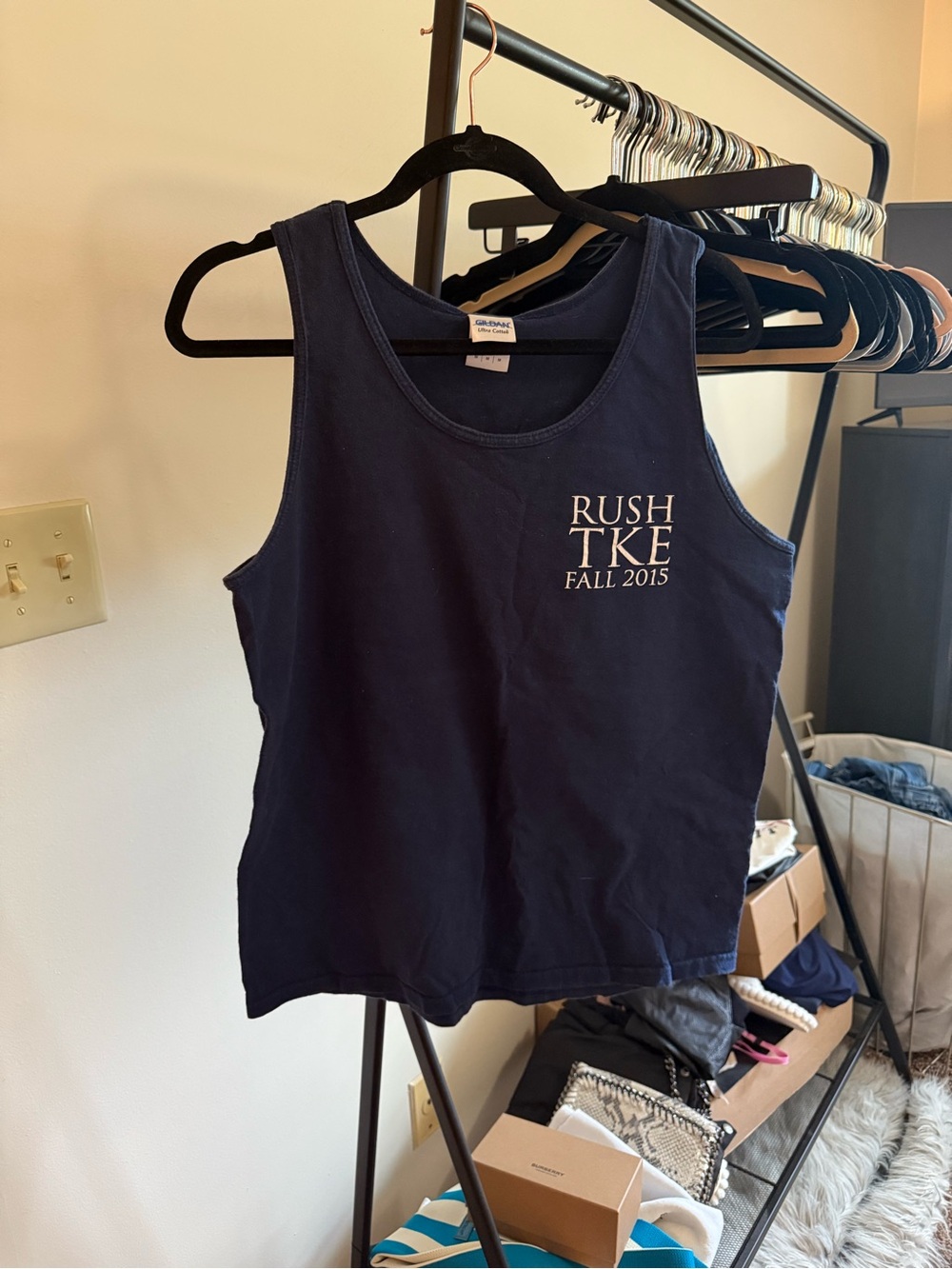 Gildan Navy Tank Top with White 'RUSH TKE FALL 2015' Chest Print
